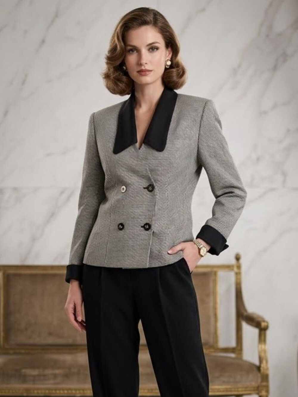 Vintage Amanda Smith Blazer 80s 90s Houndstooth Double Breasted USA size 8 Rayon